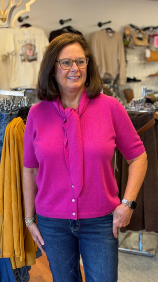 CeCe Scarf-Tie Button-Front Sweater - All About Me Boutique