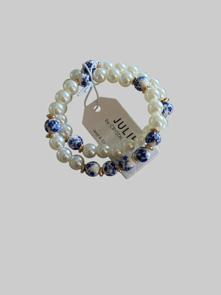 Ceramic Floral & Pearl Stretch Bracelet Stack – Set of 2 - All About Me Boutique