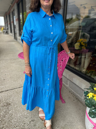 Charlie B Linen Blend Button Front Midi Dress - All About Me Boutique