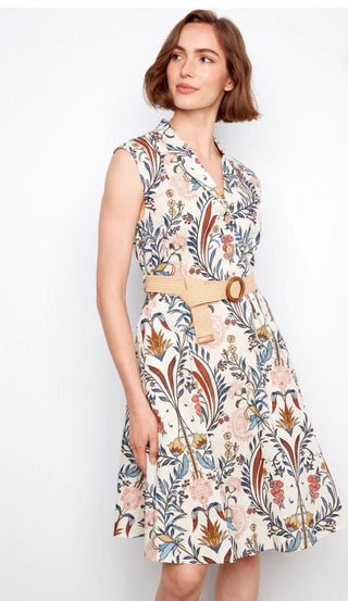 Charlie B Printed Linen Cotton Dress With Straw Belt - All About Me Boutique
