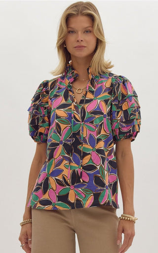 Entro Floral Tiered Sleeve Tie - Neck Blouse - Vibrant Multi - All About Me Boutique