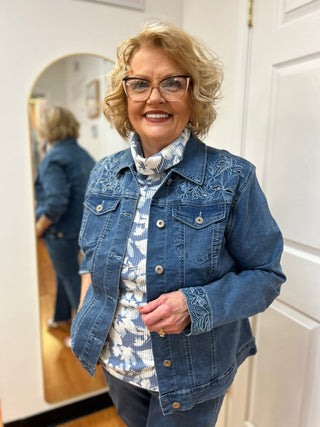 Ethyl Laser-Cut Floral Stretch Denim Jacket - Classic Blue - All About Me Boutique