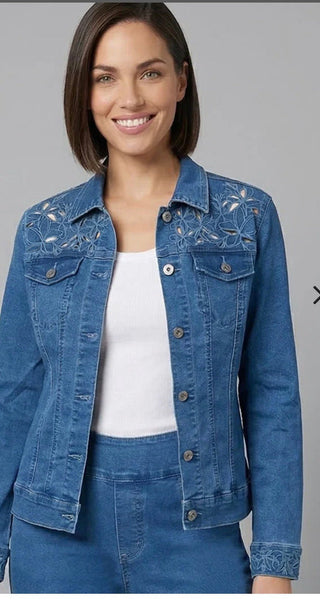 Ethyl Laser-Cut Floral Stretch Denim Jacket - Classic Blue - All About Me Boutique