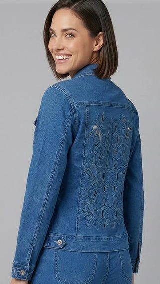 Ethyl Laser-Cut Floral Stretch Denim Jacket - Classic Blue - All About Me Boutique