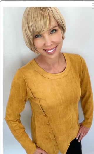 Ethyl Side-Button Faux Suede Long Sleeve Top - All About Me Boutique