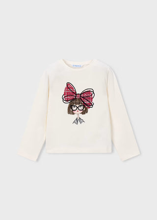 Mayoral Girls’ Chic Doll Graphic Long Sleeve T-Shirt with Oversized Bow