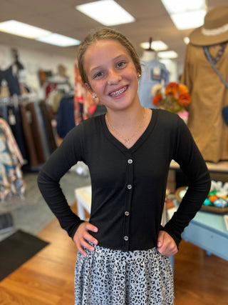 Girls' Essential Black Ribbed Button-Down Cardigan - All About Me Boutique