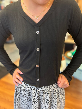 Girls' Essential Black Ribbed Button-Down Cardigan - All About Me Boutique