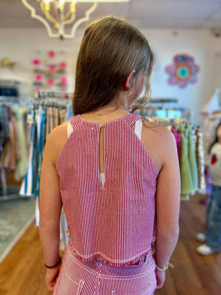 Girls Red and White Denim Striped Top by Mayoral - All About Me Boutique