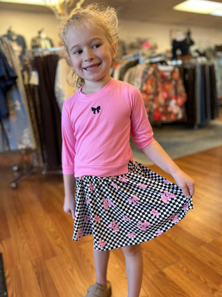 Girls' Retro Checkerboard & Pink Bow Twirl Skirt - All About Me Boutique