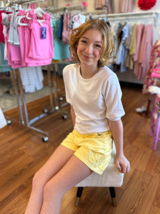 Girls Sunny Yellow Floral Applique Twill Shorts - All About Me Boutique