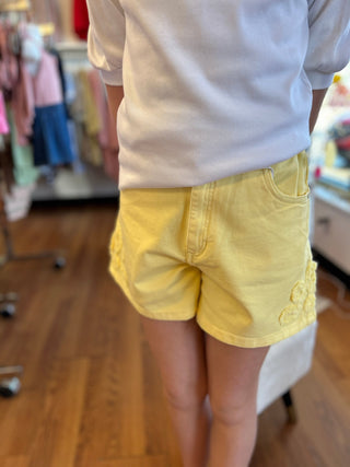 Girls Sunny Yellow Floral Applique Twill Shorts - All About Me Boutique