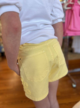 Girls Sunny Yellow Floral Applique Twill Shorts - All About Me Boutique