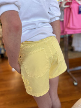 Girls Sunny Yellow Floral Applique Twill Shorts - All About Me Boutique