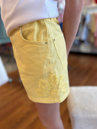 Girls Sunny Yellow Floral Applique Twill Shorts - All About Me Boutique