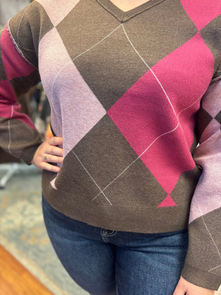 Heart of Pine V-Neck Argyle Sweater - All About Me Boutique