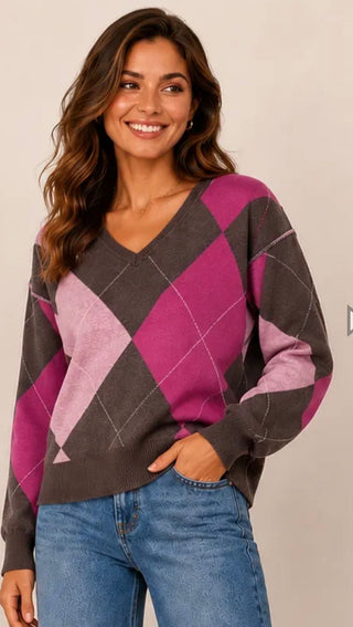 Heart of Pine V-Neck Argyle Sweater - All About Me Boutique