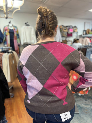 Heart of Pine V-Neck Argyle Sweater - All About Me Boutique