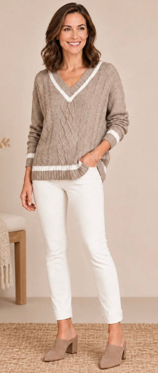 Hem & Thread V-Neck Cable Knit Sweater - All About Me Boutique