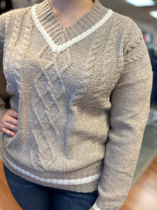 Hem & Thread V-Neck Cable Knit Sweater - All About Me Boutique