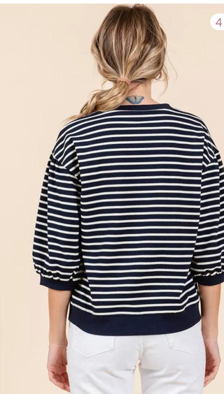 Jodifl Striped Bubble Sleeve Knit Blouse – Lightweight Nautical Top - All About Me Boutique
