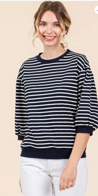 Jodifl Striped Bubble Sleeve Knit Blouse – Lightweight Nautical Top - All About Me Boutique