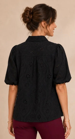 Liv Los Angeles Bubble Sleeve Eyelet Blouse - All About Me Boutique