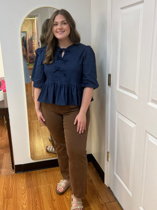 Liv Los Angeles Denim Bow Tie Front Peplum Blouse - All About Me Boutique