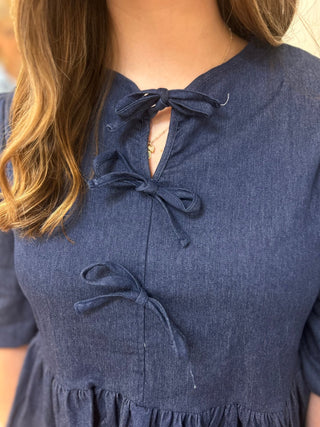 Liv Los Angeles Denim Bow Tie Front Peplum Blouse - All About Me Boutique
