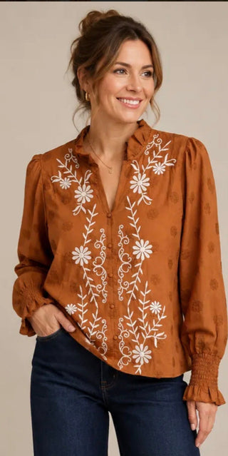 Liv Los Angeles Embroidered Ruffle Neck Blouse - All About Me Boutique