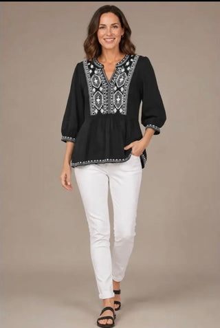Liv Los Angeles Embroidered Split Neck Blouse - All About Me Boutique