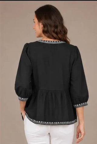 Liv Los Angeles Embroidered Split Neck Blouse - All About Me Boutique