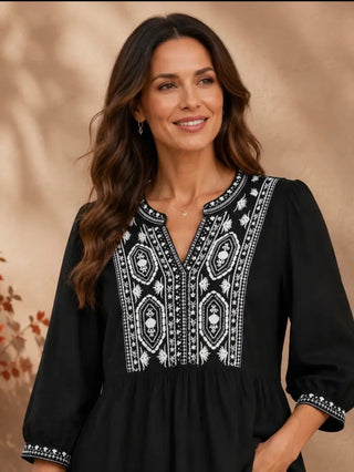 Liv Los Angeles Embroidered Split Neck Blouse - All About Me Boutique