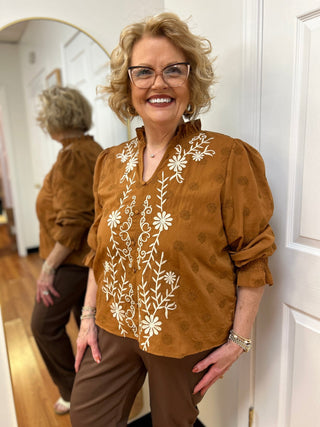 Liv Los Angeles Rust Floral Embroidered Ruffle Neck Blouse - All About Me Boutique