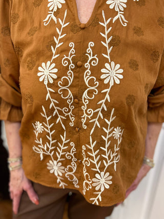 Liv Los Angeles Rust Floral Embroidered Ruffle Neck Blouse - All About Me Boutique