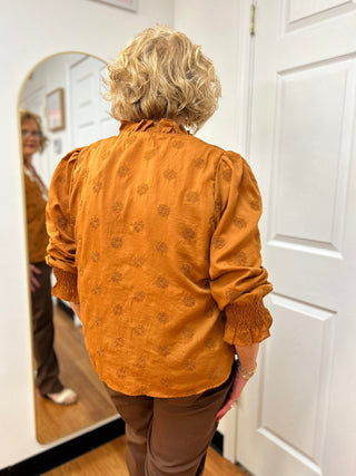 Liv Los Angeles Rust Floral Embroidered Ruffle Neck Blouse - All About Me Boutique