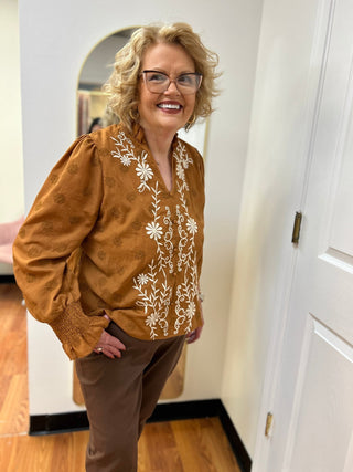Liv Los Angeles Rust Floral Embroidered Ruffle Neck Blouse - All About Me Boutique