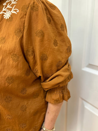 Liv Los Angeles Rust Floral Embroidered Ruffle Neck Blouse - All About Me Boutique