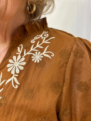 Liv Los Angeles Rust Floral Embroidered Ruffle Neck Blouse - All About Me Boutique