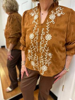 Liv Los Angeles Rust Floral Embroidered Ruffle Neck Blouse - All About Me Boutique