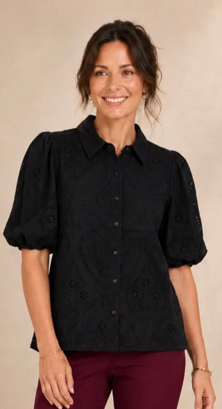 Liv Los Angeles Bubble Sleeve Eyelet Blouse - All About Me Boutique