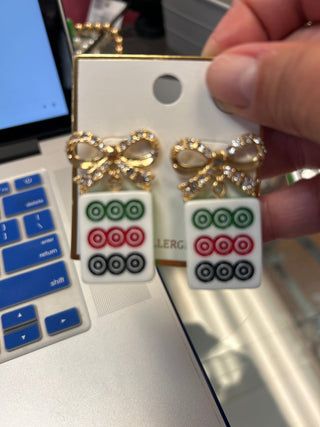 Lucky 9 Dots Mahjong Earrings with Crystal Gold Bows - All About Me Boutique