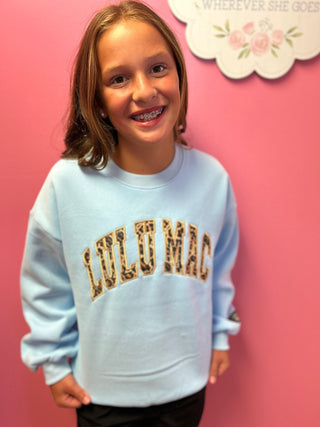 LuLu Mac Girls Leopard Light Blue Sweatshirt - All About Me Boutique