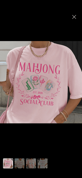Mahjong Preppy Social Club Pink Green Retro Game Graphic Tee - All About Me Boutique