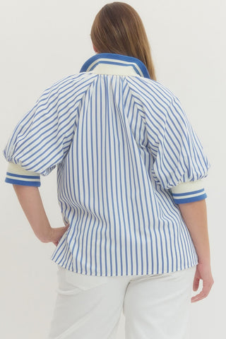 Marina Striped Half - Zip Puff Sleeve Top - All About Me Boutique