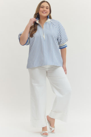 Marina Striped Half - Zip Puff Sleeve Top - All About Me Boutique