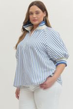 Marina Striped Half - Zip Puff Sleeve Top - All About Me Boutique