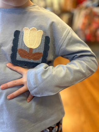 Mayoral Girls Long Sleeve Cotton-Poly Tee – Blue Tulip Applique - All About Me Boutique