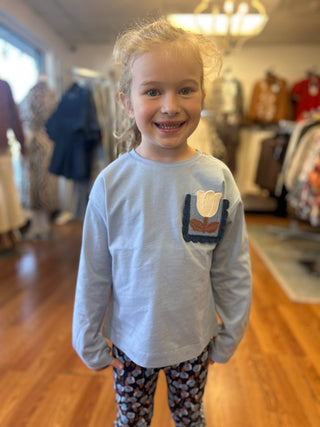 Mayoral Girls Long Sleeve Cotton-Poly Tee – Blue Tulip Applique - All About Me Boutique