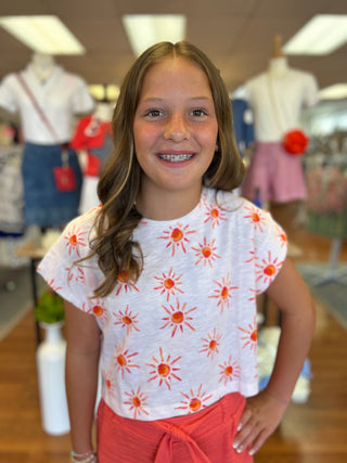 Mayoral Girls Sunshine Print Cropped Cotton Tee – Salmon - All About Me Boutique